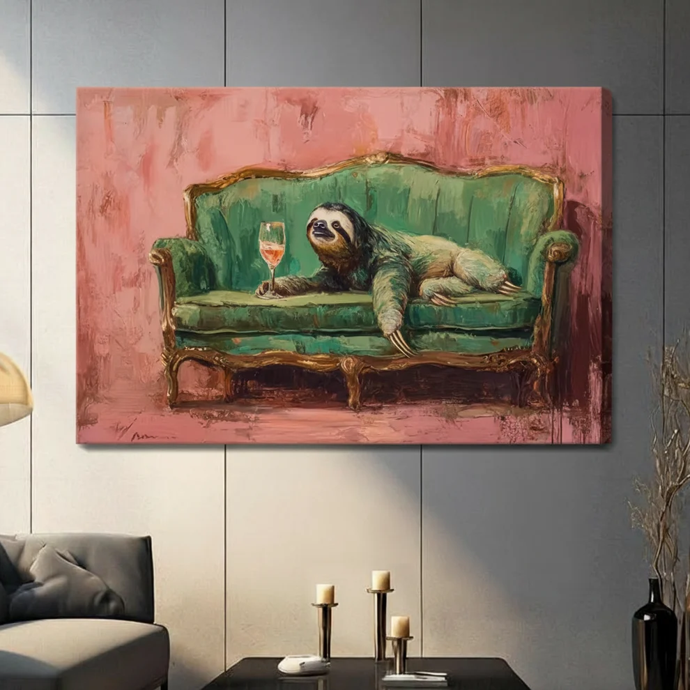 Sloth on Sofa with Wine Canvas Art