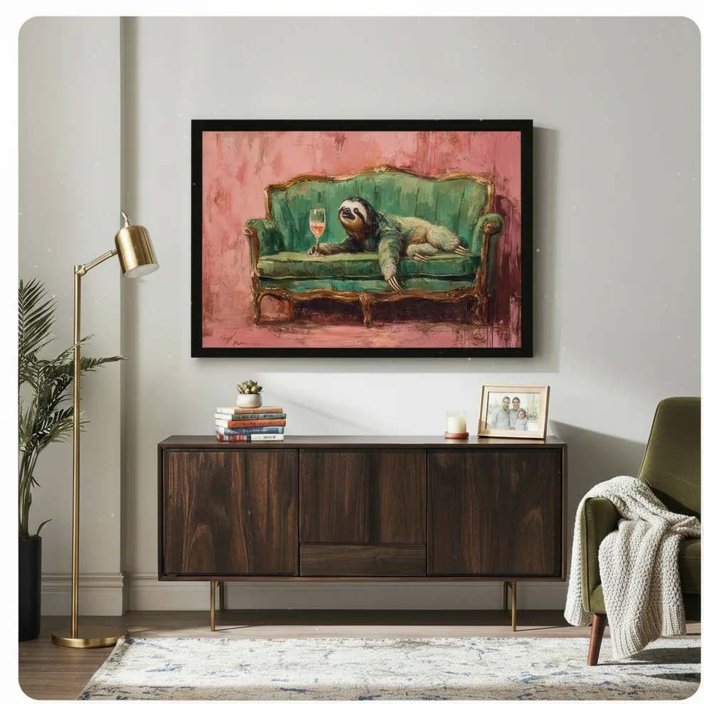 Sloth on Sofa with Wine Canvas Art