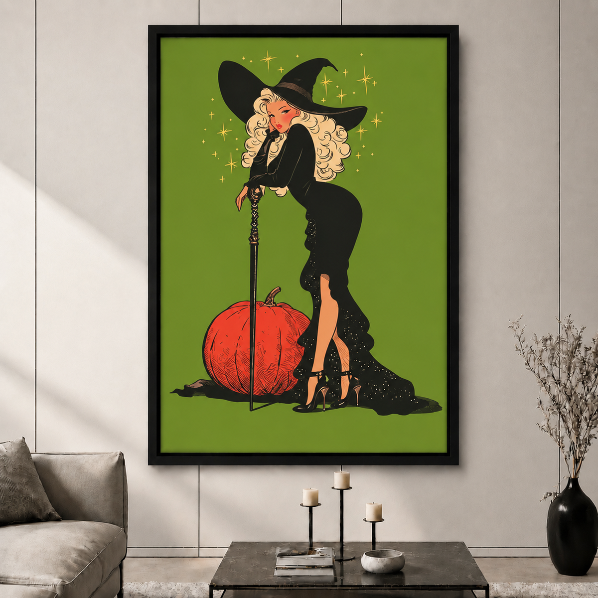 Retro Pin-Up Witch Halloween Green Canvas Art