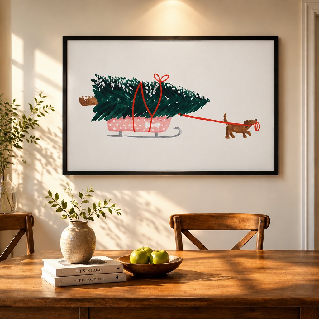Dachshund Pulling Christmas Tree Sled Canvas