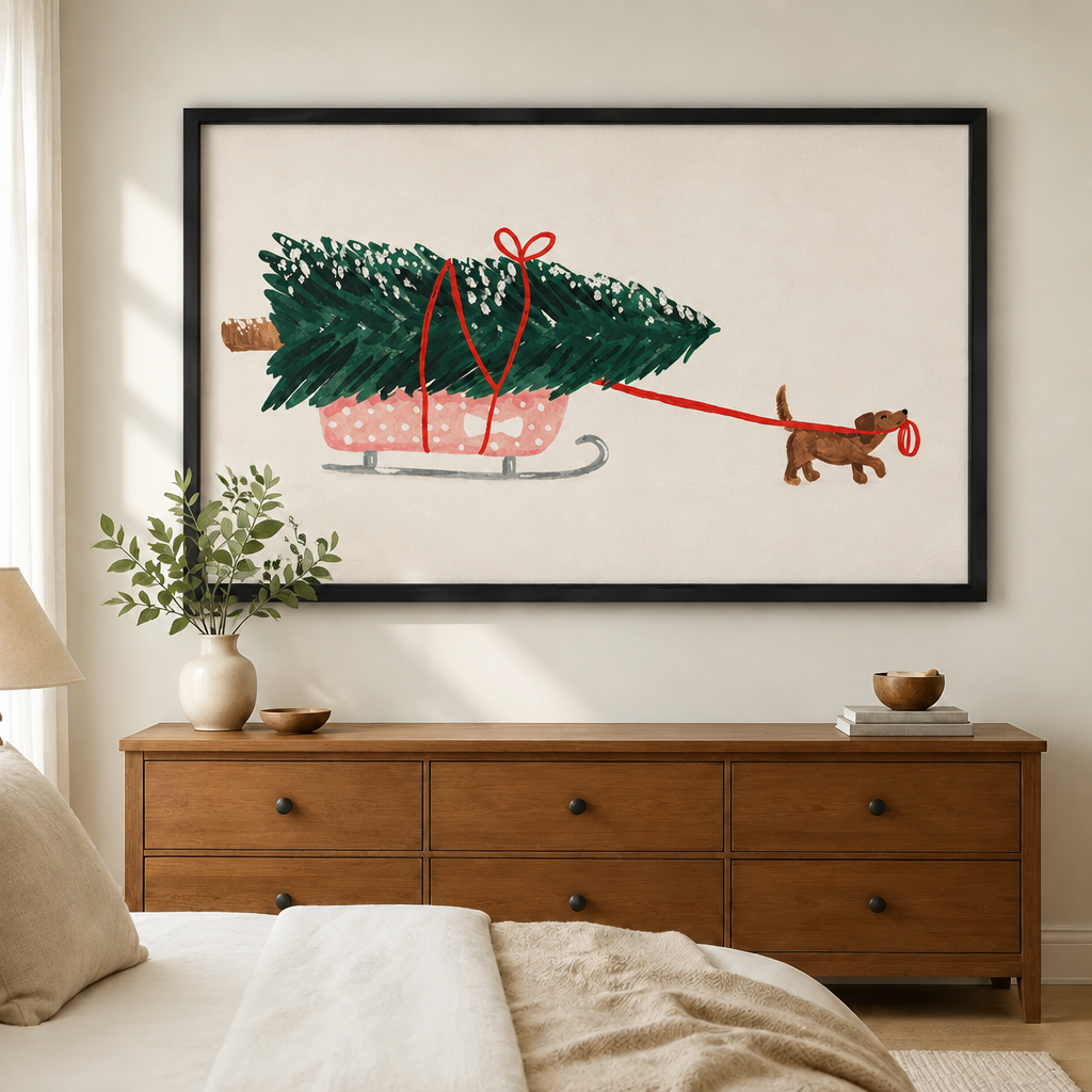 Dachshund Pulling Christmas Tree Sled Canvas
