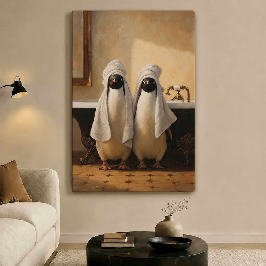 Bath Time Ducks Vintage Oil Canvas Art