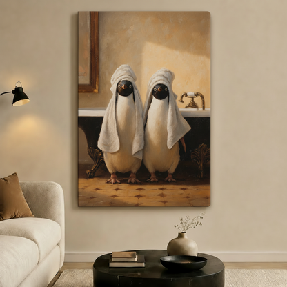 Bath Time Ducks Vintage Oil Canvas Art