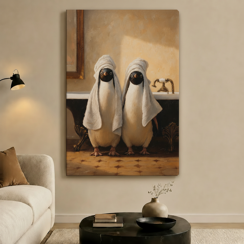 Bath Time Ducks Vintage Oil Canvas Art