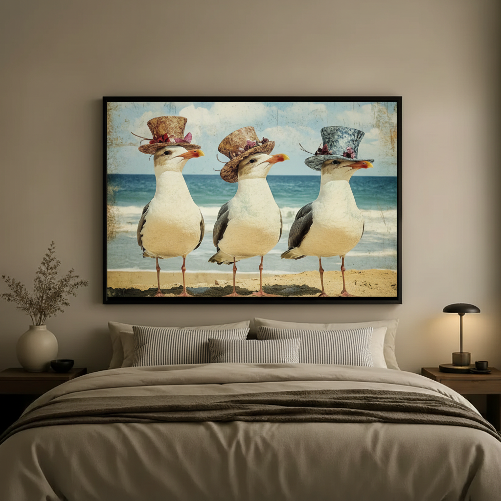 Dapper Seagulls Beach Vintage Oil Canvas Art