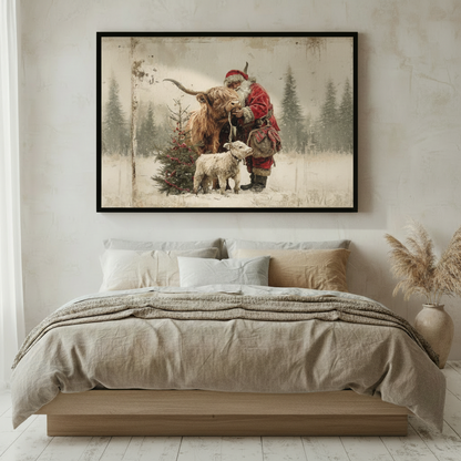 Santa & Highland Cow Christmas Vintage Oil Canvas Art