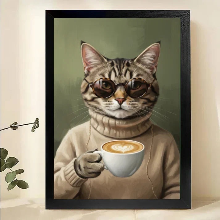 Cool Cat Coffee Canvas Wall Art – Tabby Cat with Sunglasses Print|W1001