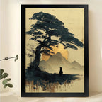 Black Cat in Japanese Mountain Landscape – Ukiyo-e Style Wall Art on Natural Wood Canvas | W872