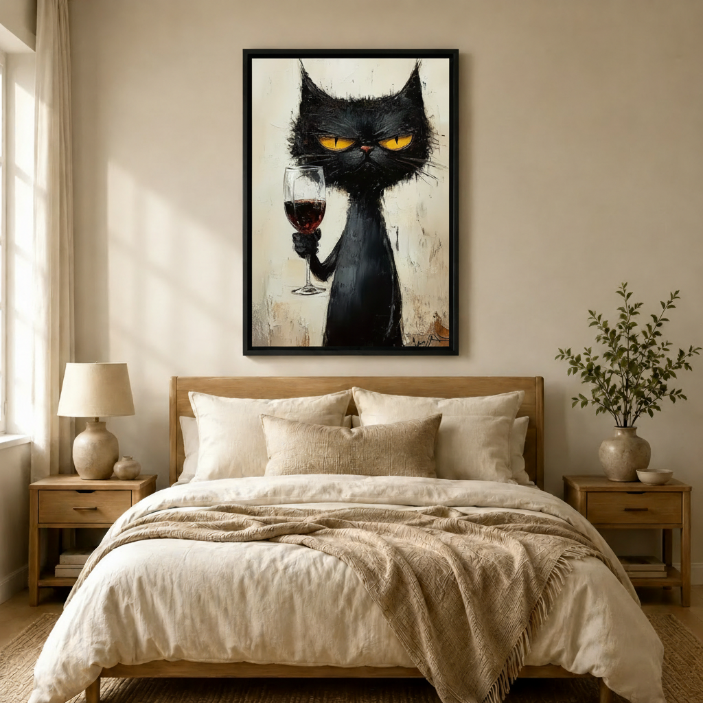 主图1 - 黑猫持红酒杯卧室场景