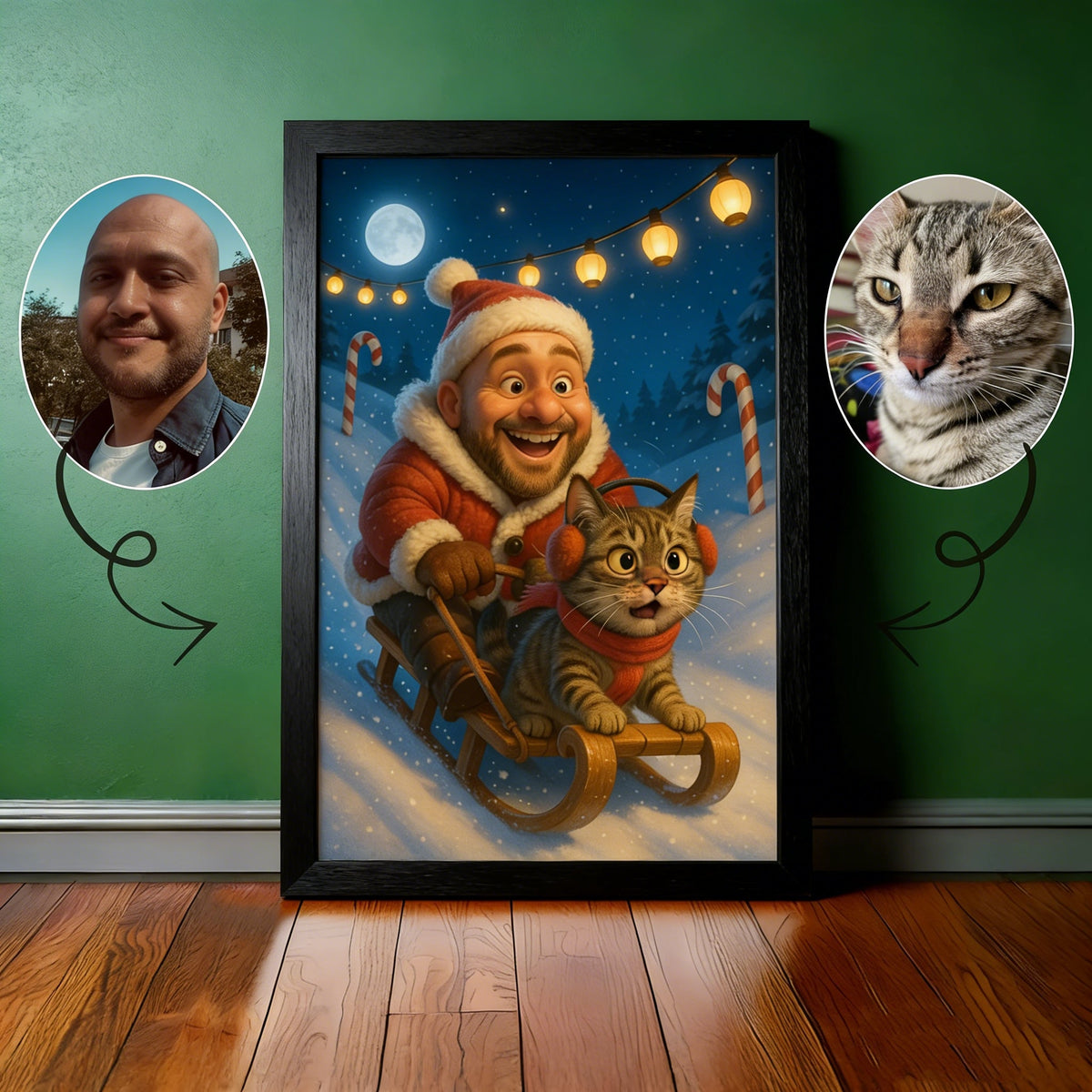 Custom Christmas Pet Portrait,Personalized Gift, Funny Santa Cat & Owner Illustration Wall Art,Holiday Home Decor