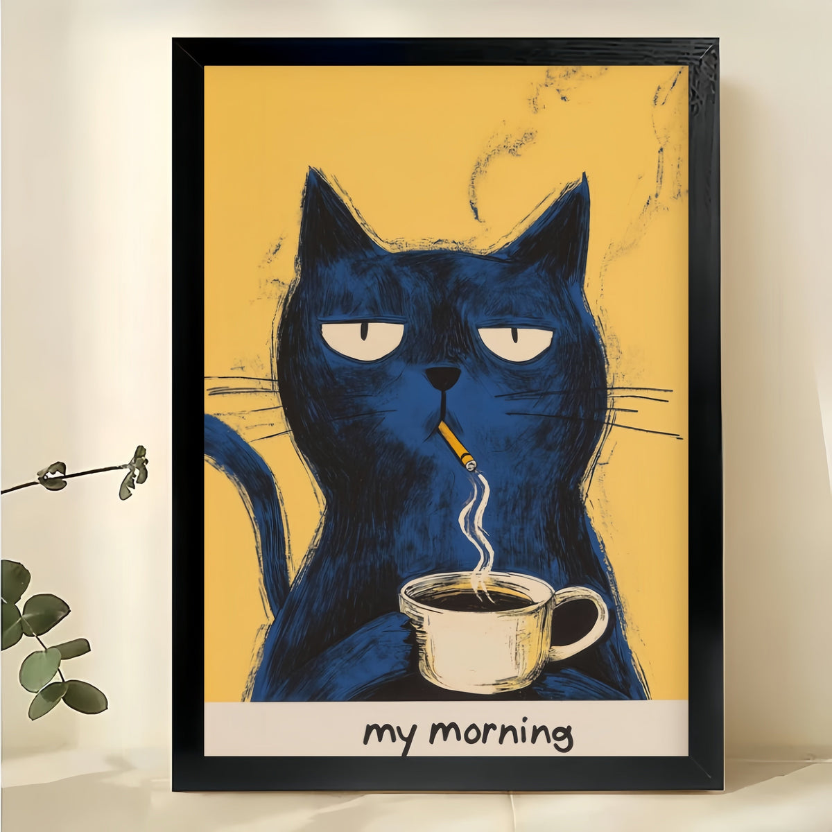 My Morning Blue Cat – Whimsical Coffee Cat Wall Art on Natural Wood Canvas | W2030