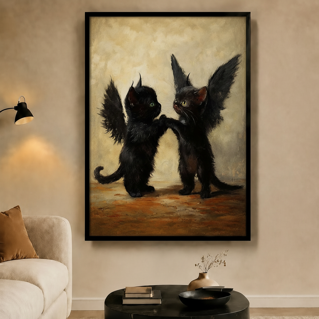 Black Winged Kittens Gothic Portrait Canvas Art