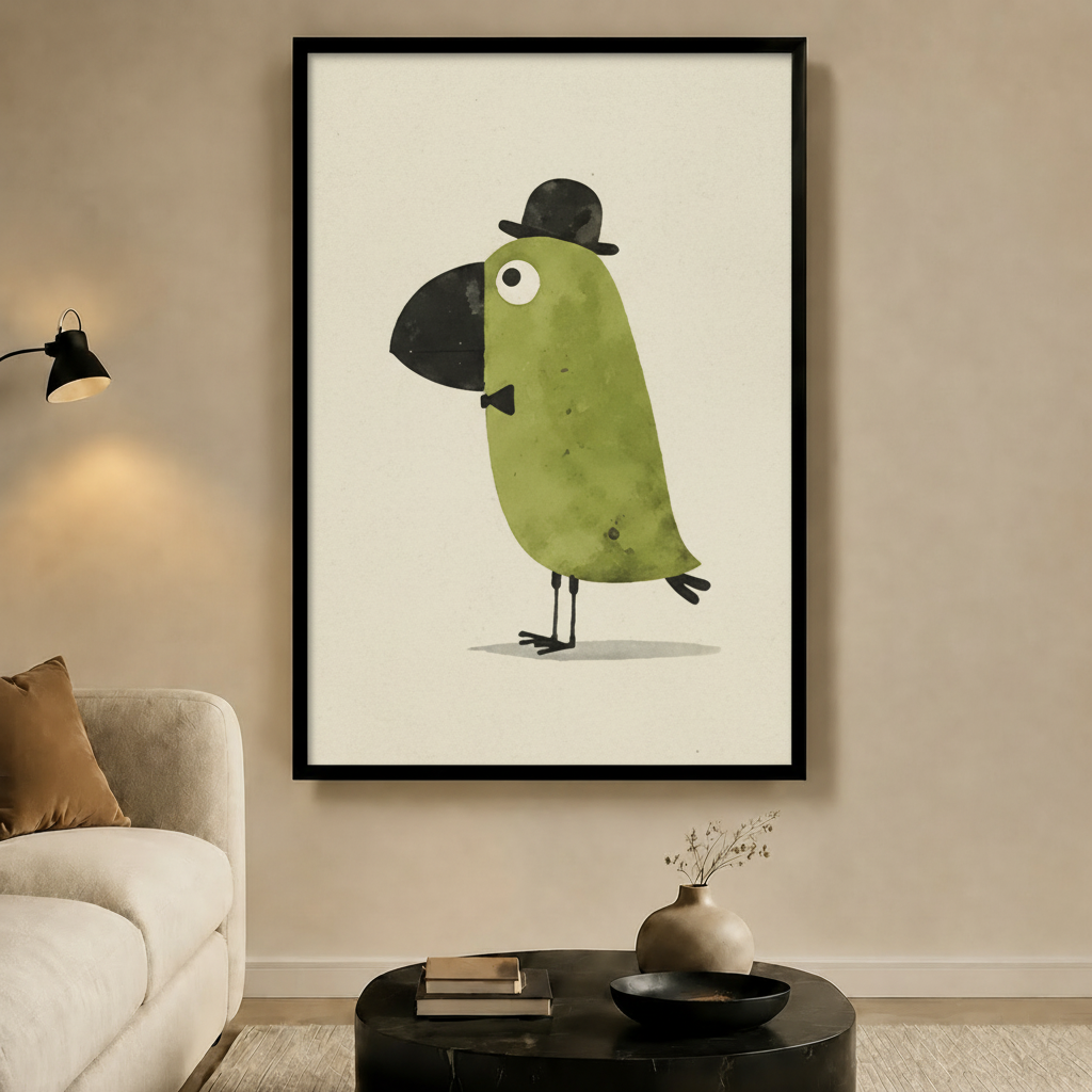 Dapper Green Bird Bowler Hat Canvas Wall Art