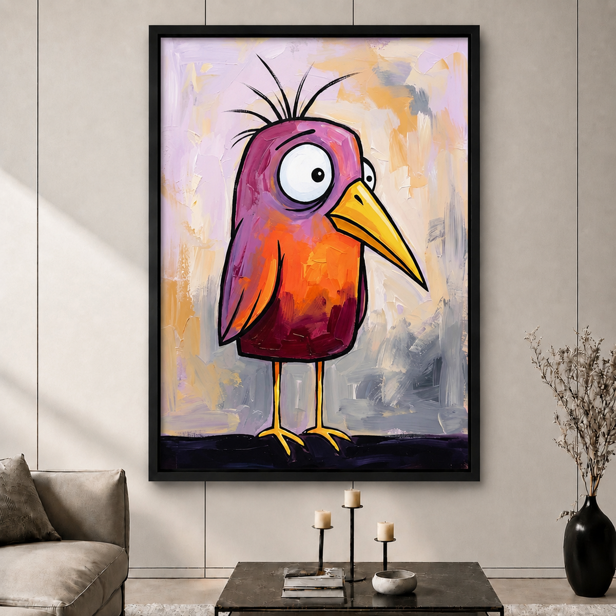 Quirky Cartoon Bird Colorful Funny Canvas Art