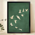 Flying Cranes Wall Art - Minimalist Green Bird Silhouette Print|W1238
