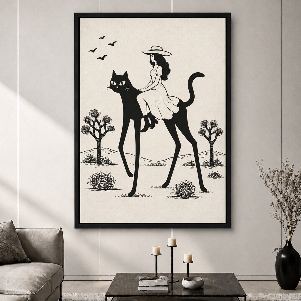 Desert Witch Black Cat Rider Canvas Art