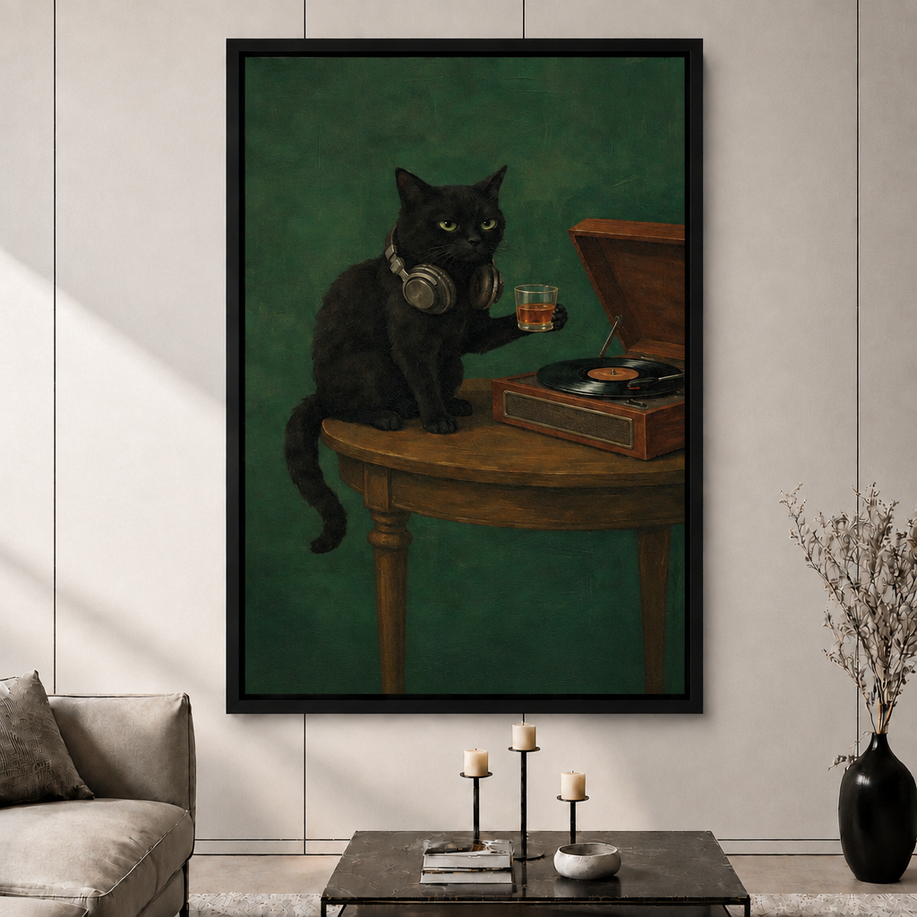 Black Cat Vinyl Record Canvas Art