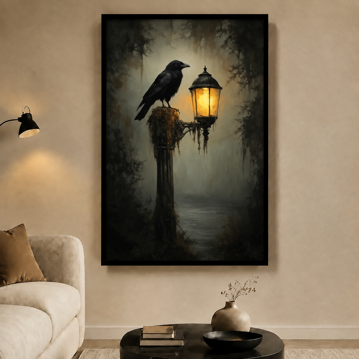 Raven on Lantern Gothic Foggy Forest Canvas Wall Art