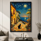 Starry Night Black Cat Village Canvas Art