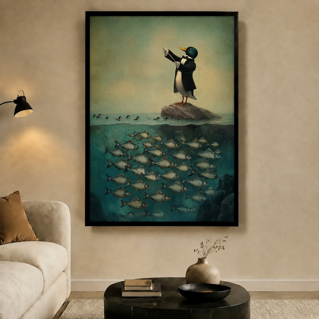 Penguin Conductor Surreal Ocean Canvas Wall Art