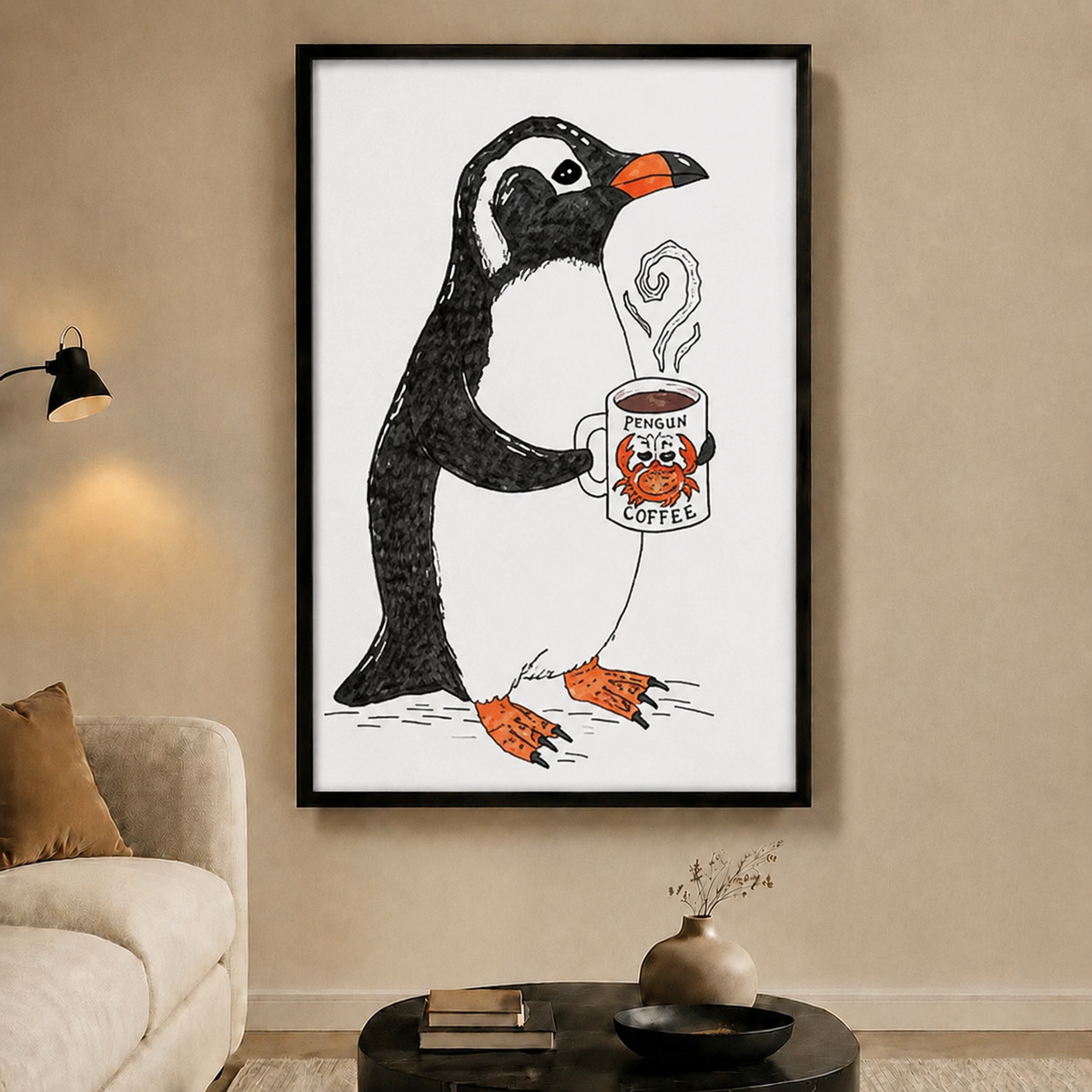 Penguin Coffee Morning Funny Animal Canvas Wall Art