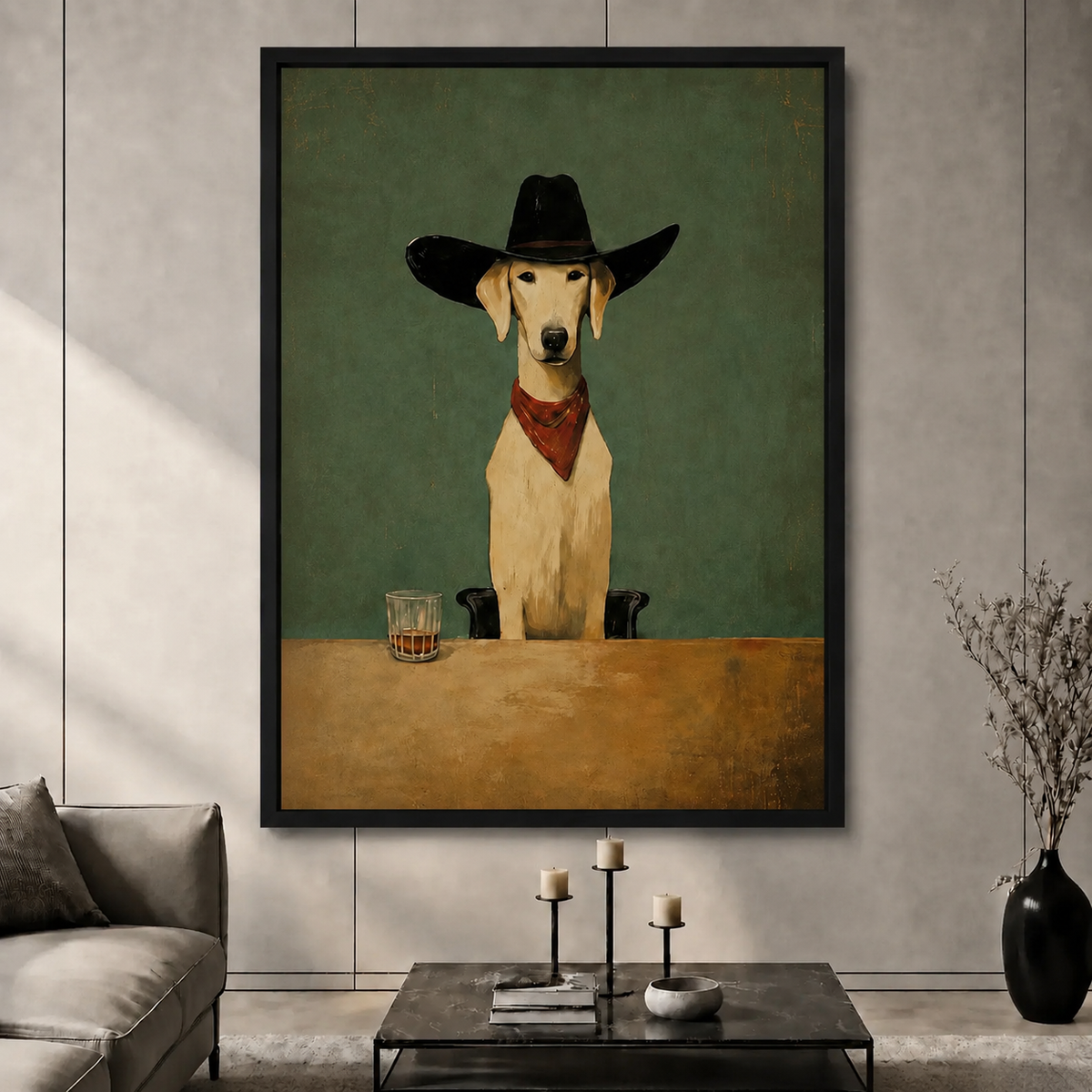 Rustic Dog Cowboy Hat Whiskey Canvas Art