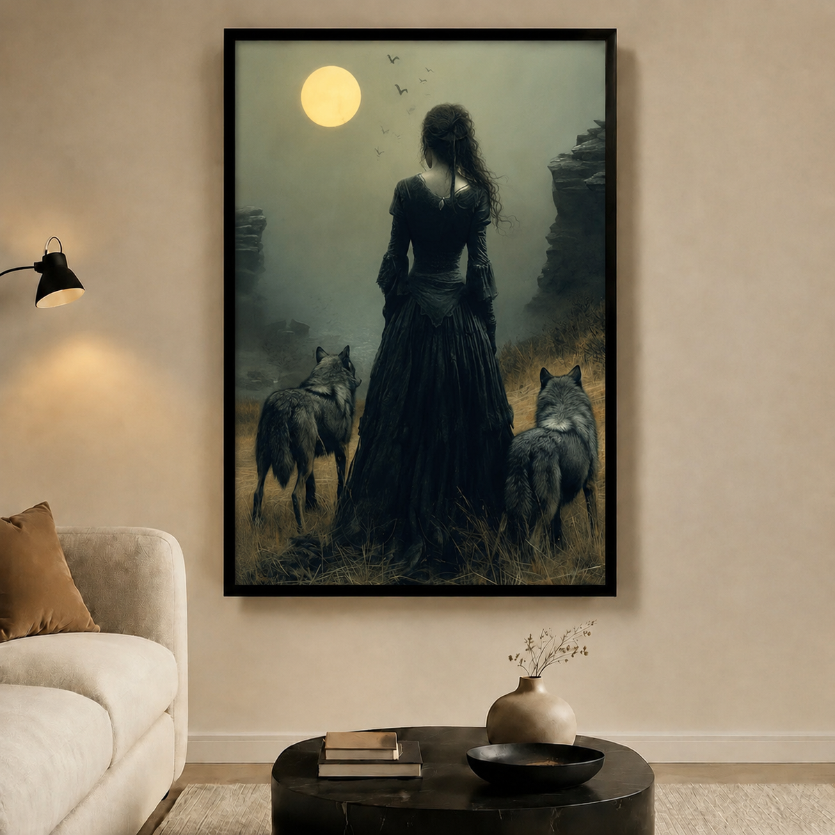 Woman & Wolves Moonlit Dark Fantasy Canvas Wall Art