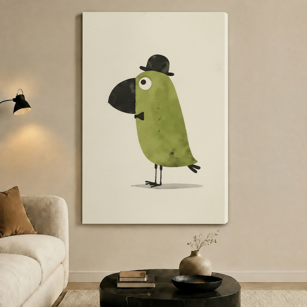 Dapper Green Bird Bowler Hat Canvas Wall Art