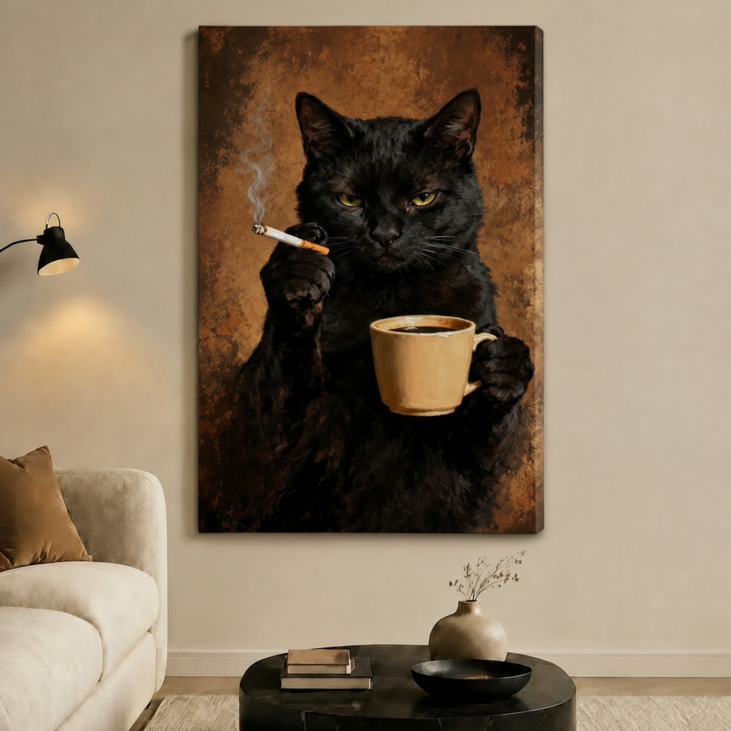 Moody Black Cat Coffee Cigarette Oil Canvas Art