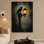 Raven on Lantern Gothic Foggy Forest Canvas Wall Art