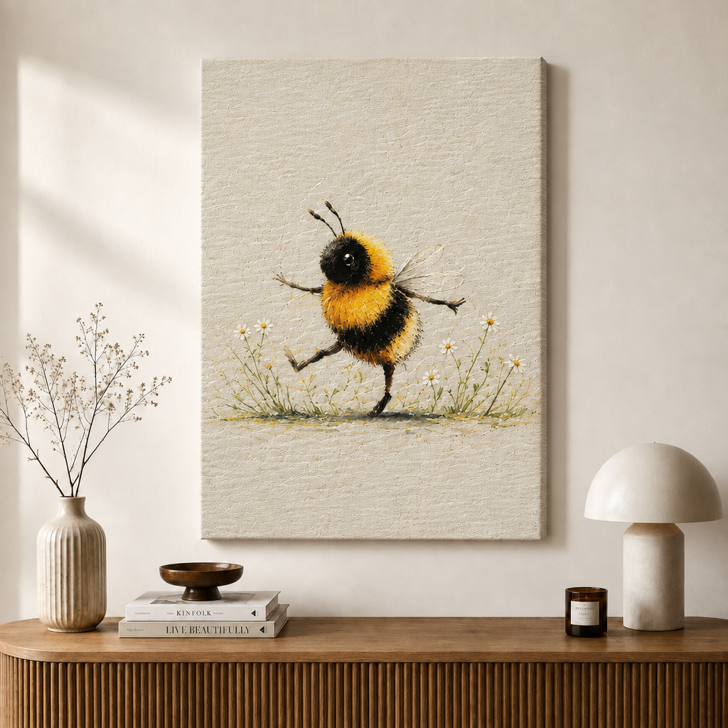 Whimsical Bumblebee Dancing Daisy Canvas Art