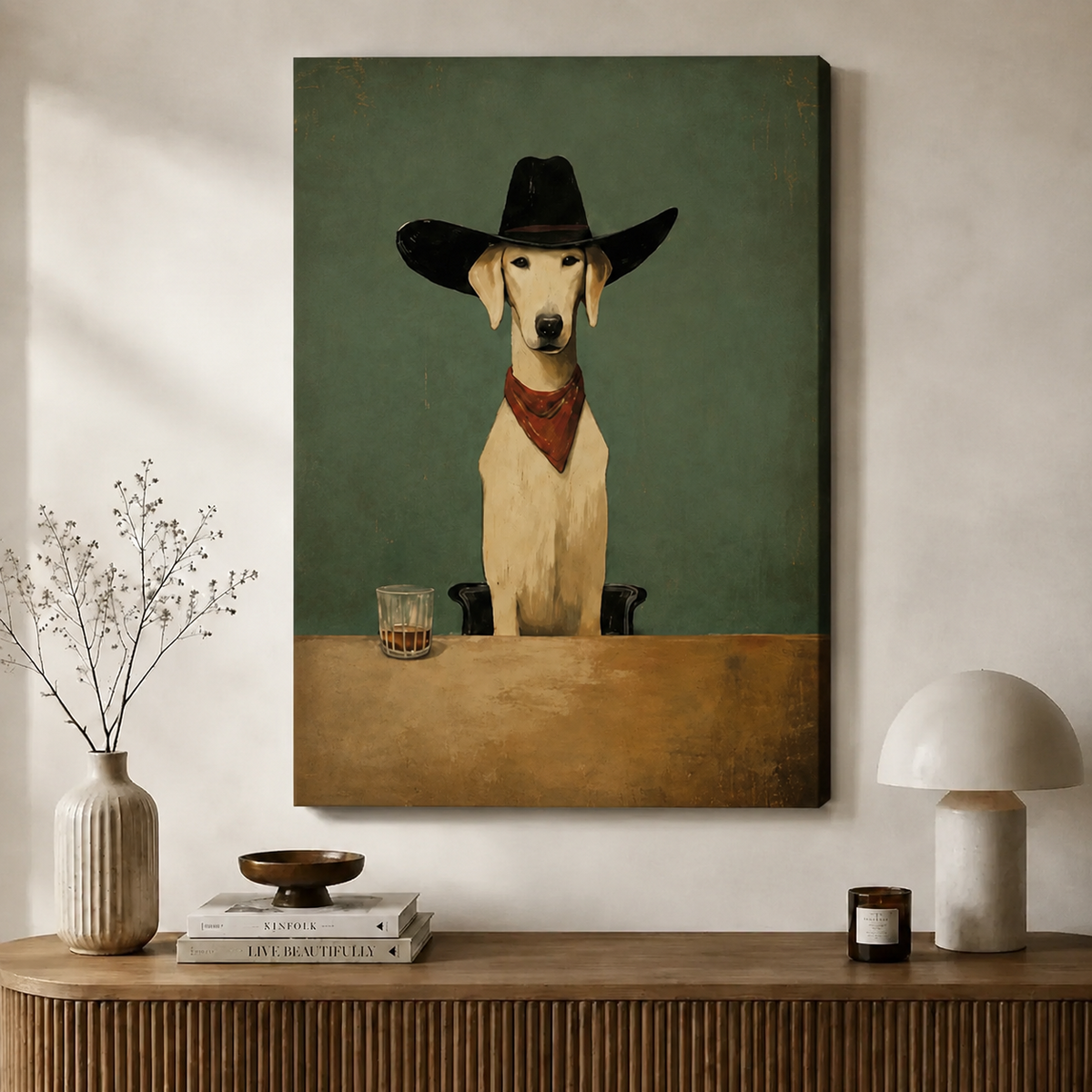 Rustic Dog Cowboy Hat Whiskey Canvas Art