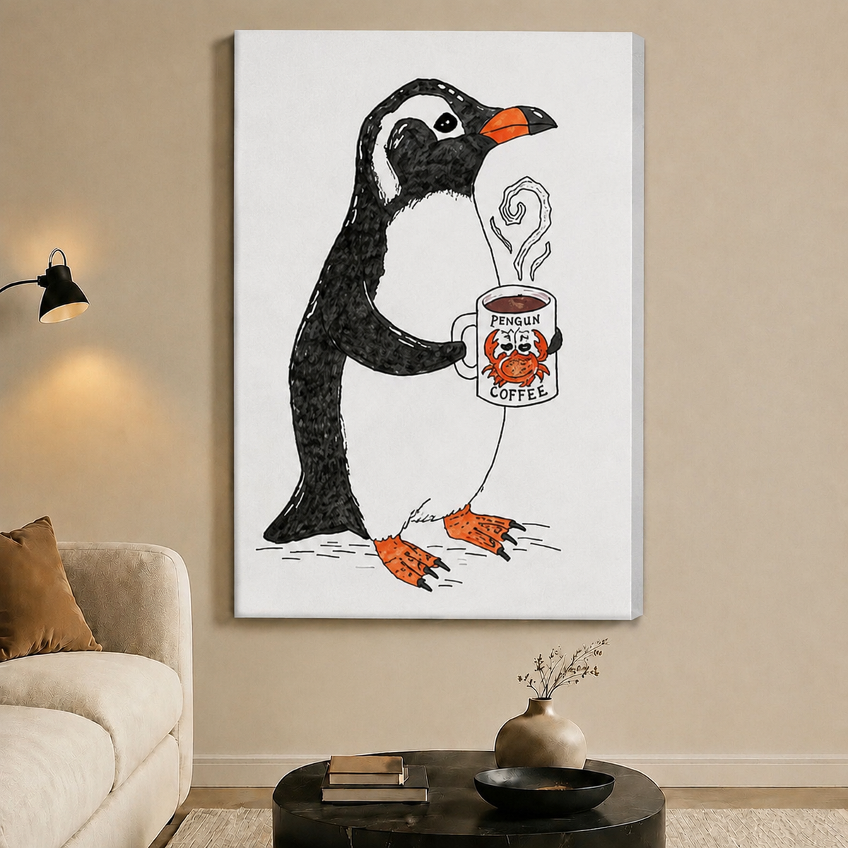 Penguin Coffee Morning Funny Animal Canvas Wall Art