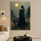 Woman & Wolves Moonlit Dark Fantasy Canvas Wall Art