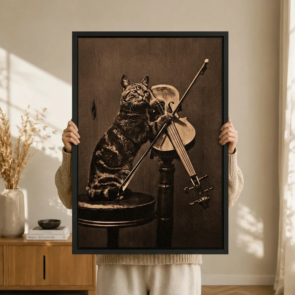 Vintage Cat Violin Sepia Canvas Art Print