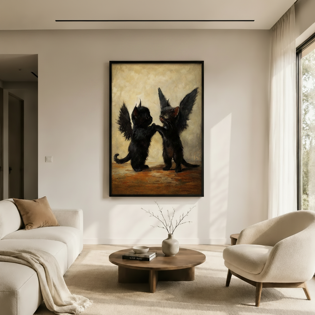 Black Winged Kittens Gothic Portrait Canvas Art