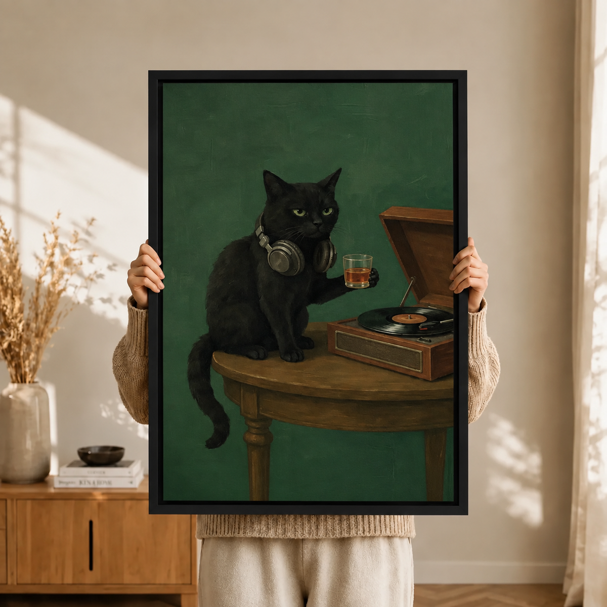 Black Cat Vinyl Record Canvas Art