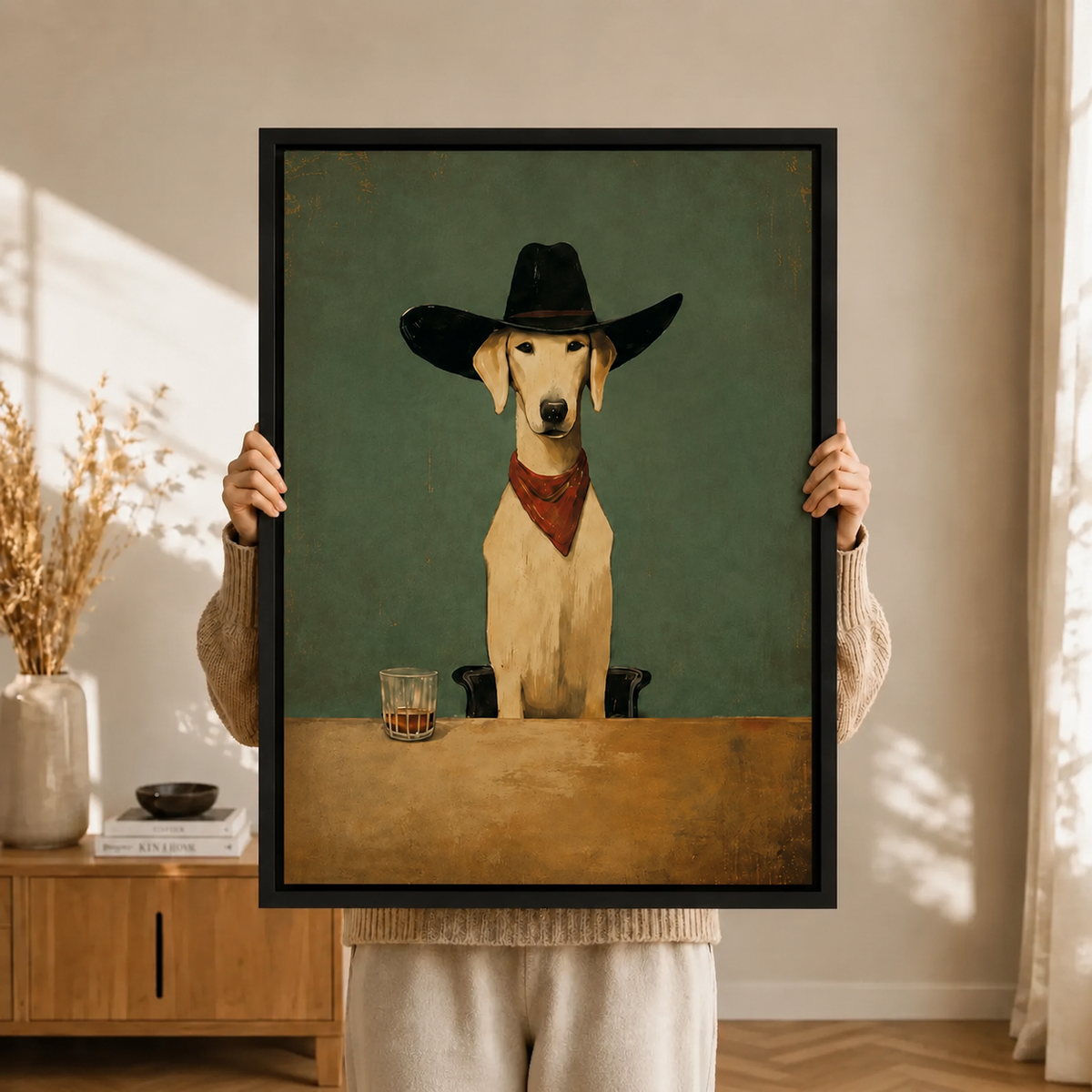 Rustic Dog Cowboy Hat Whiskey Canvas Art