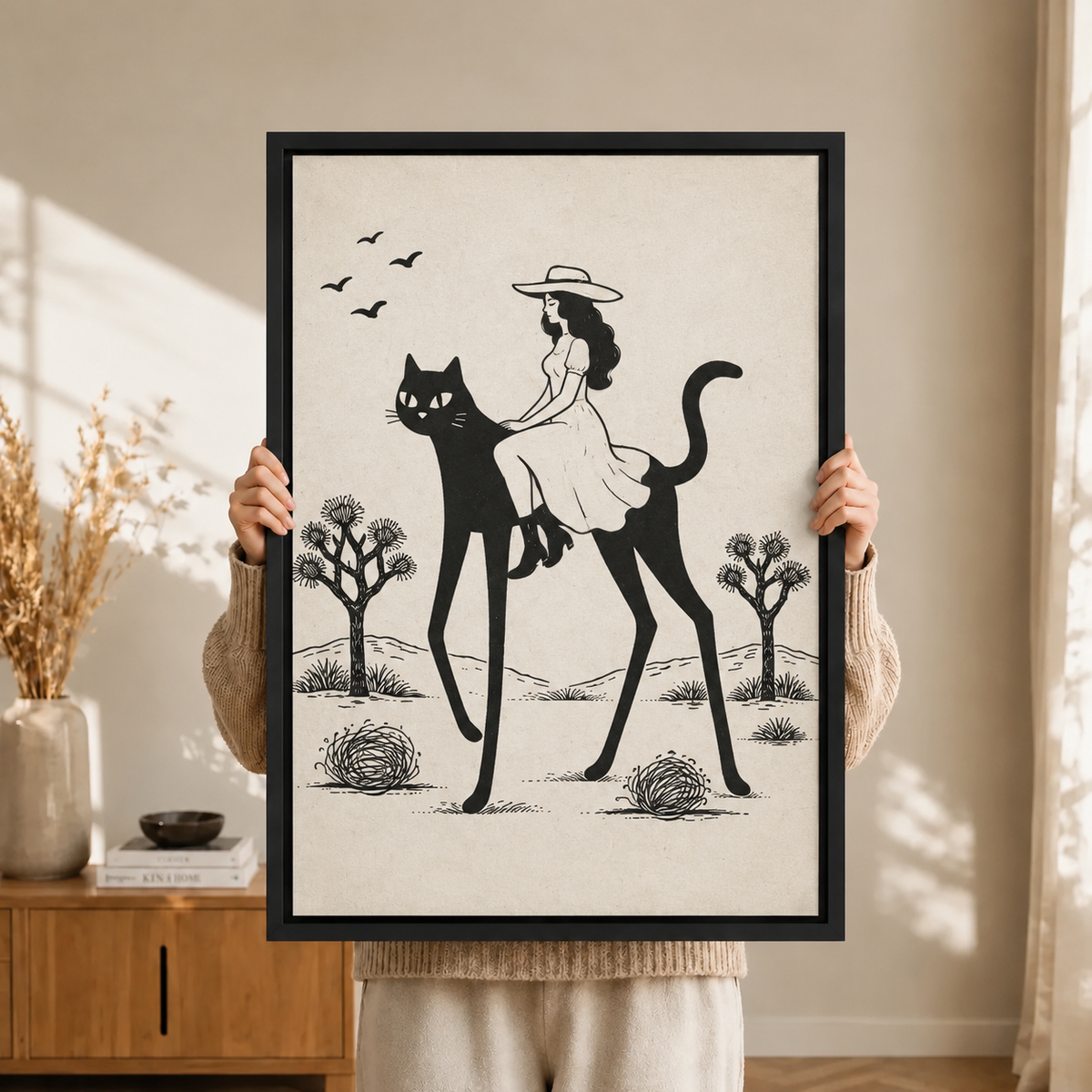 Desert Witch Black Cat Rider Canvas Art