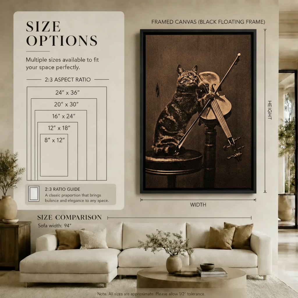 Vintage Cat Violin Sepia Canvas Art Print