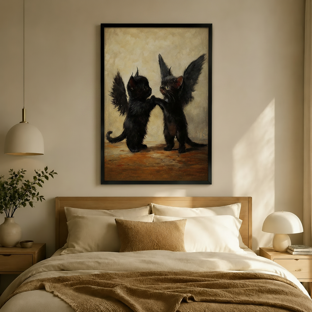 Black Winged Kittens Gothic Portrait Canvas Art