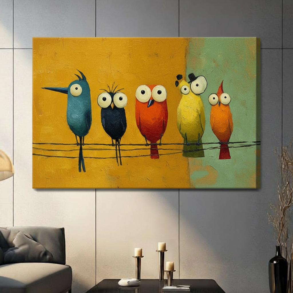 Colorful Cartoon Birds on Wire Canvas Wall Art（副本）