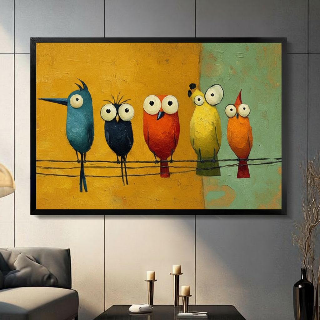 Colorful Cartoon Birds on Wire Canvas Wall Art（副本）