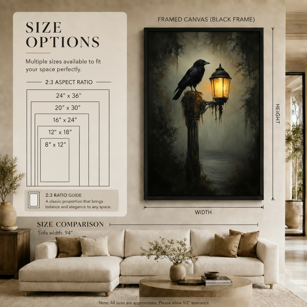 Raven on Lantern Gothic Foggy Forest Canvas Wall Art