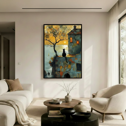 Black Cat Sunset Cottage Canvas Wall Art