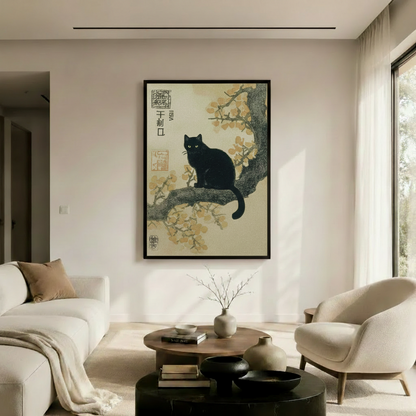 Black Cat Magnolia Japanese Canvas Wall Art