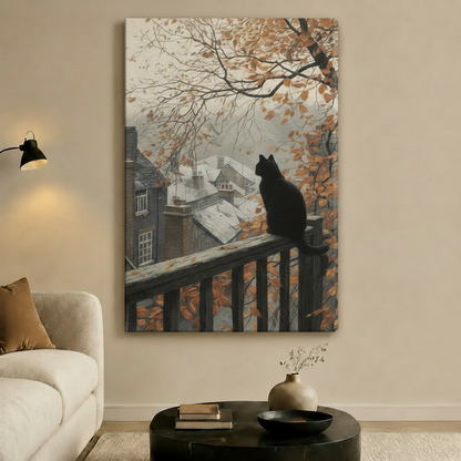 Autumn Cat Rooftop Cityscape Canvas Wall Art