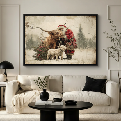 Santa & Highland Cow Christmas Vintage Oil Canvas Art