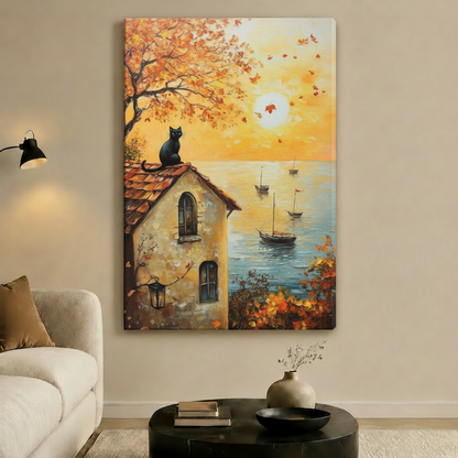 Autumn Cat Coastal Sunset Canvas Wall Art