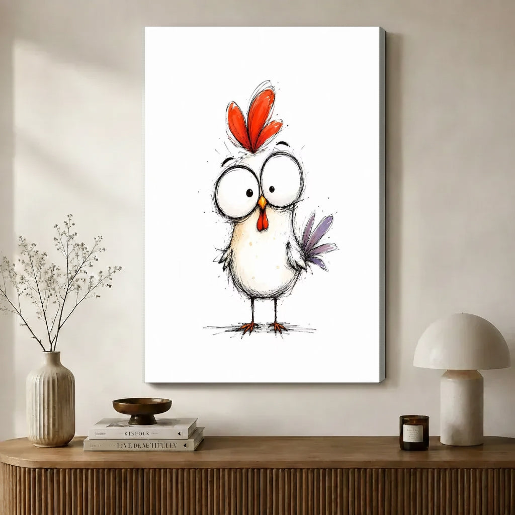 Funny Sketch Chicken Flower Canvas Art